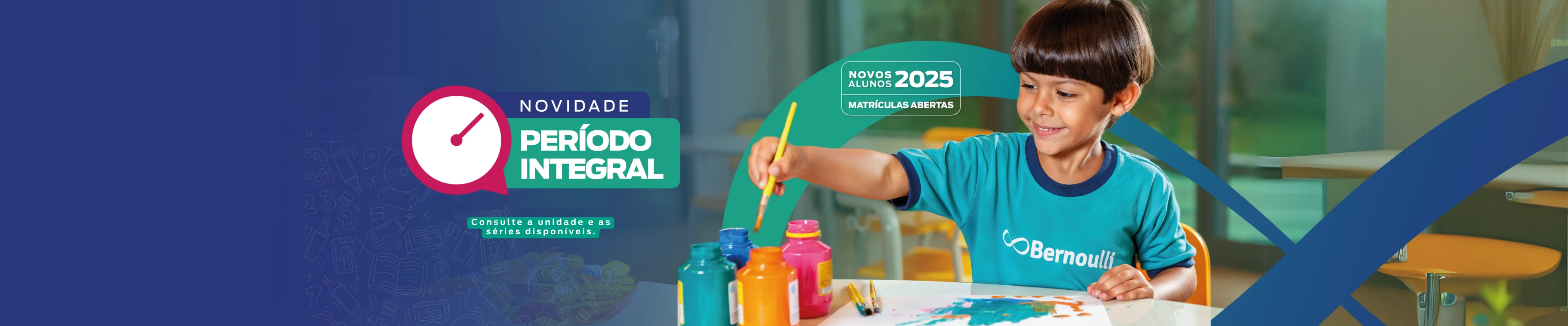 Aluno pintando um papel com um pincel e tintas coloridas com os dizeres: novidade, período integral, consulte a unidade e as séries disponíveis