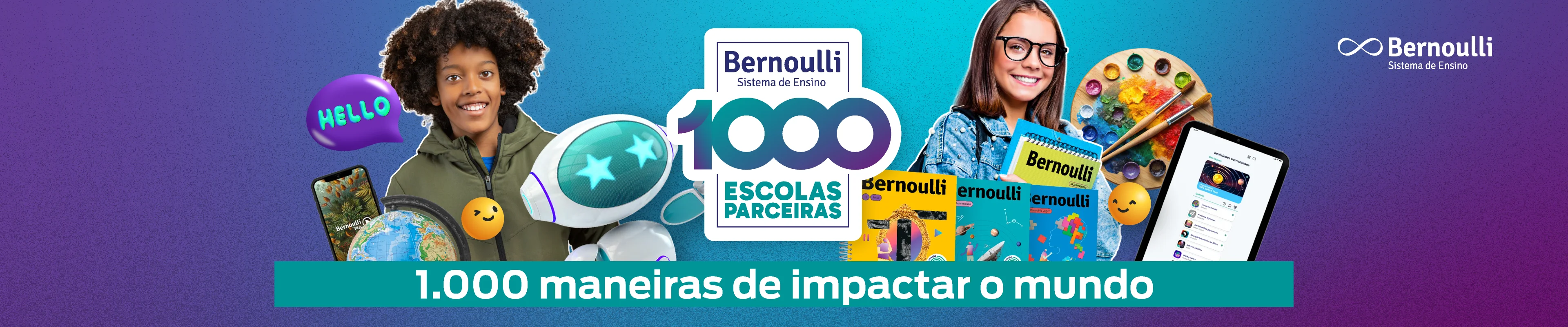 Alunas Bernoulli rodeadas de apetrechos oferecidos nos sistemas de ensino e os dizeres: "Mil Escolas Parceiras"