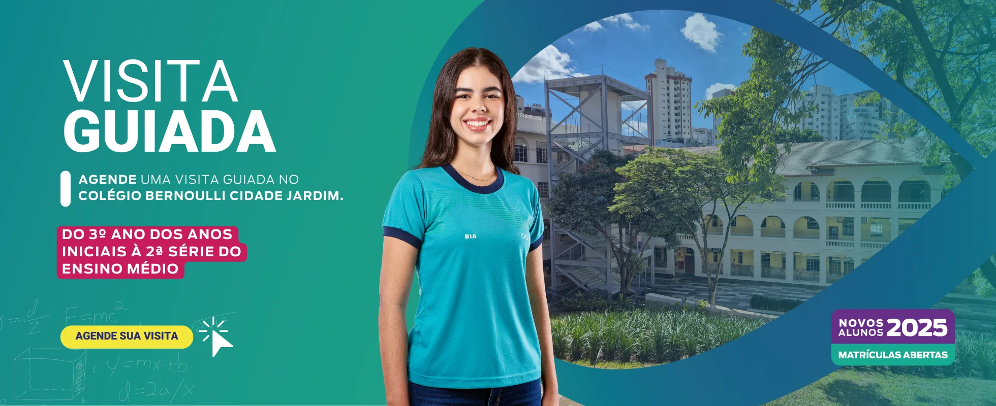 Banner informativo sobre a visita guiada ao Colégio Bernoulli Cidade Jardim.