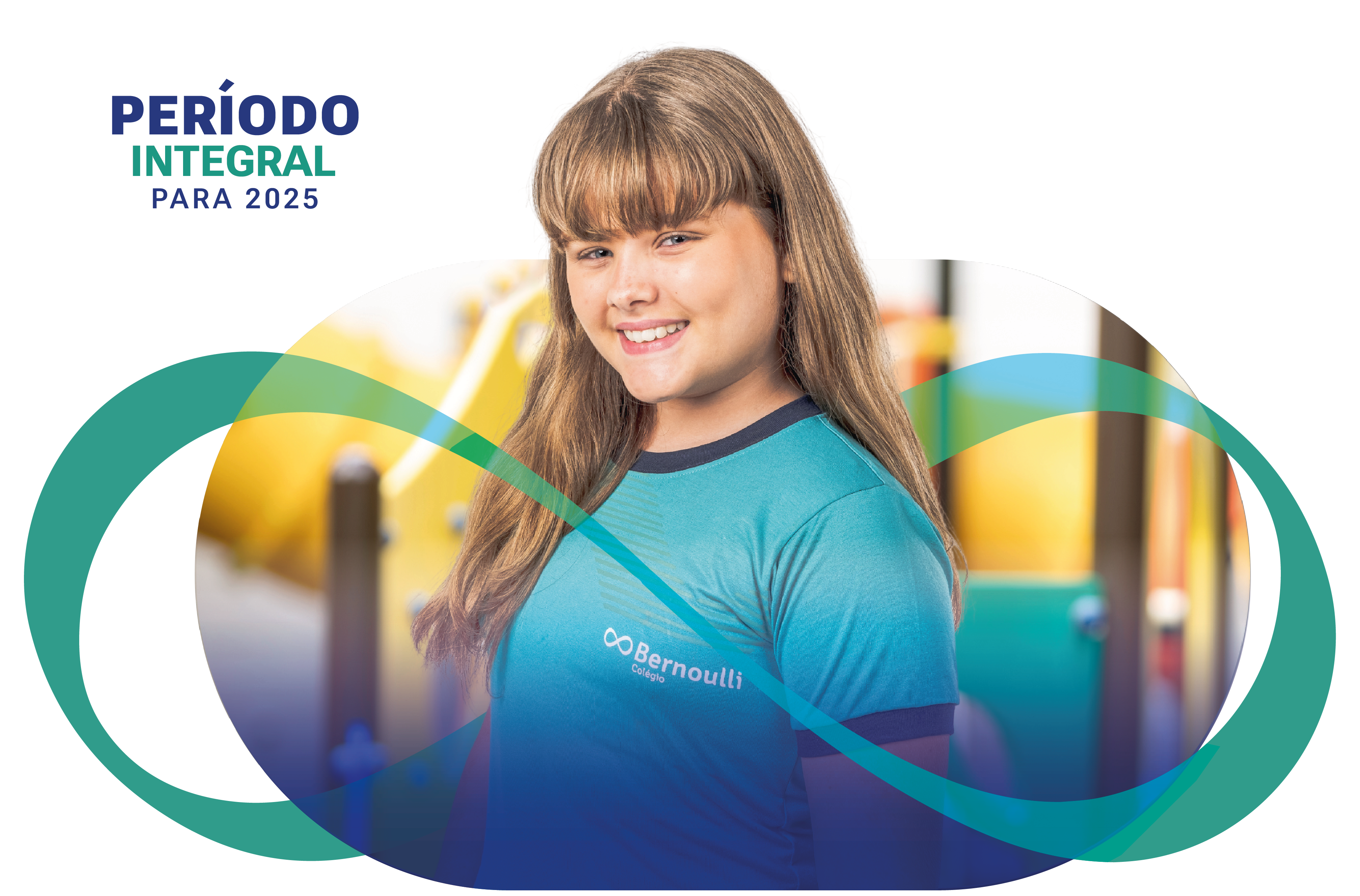 Garota sorrindo com o escrito "Período integral" ao lado esquerdo 