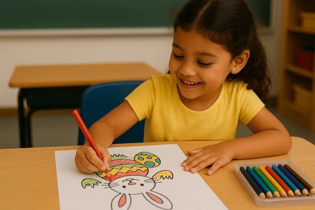 Criança realiza atividade criativa sobre a Páscoa na escola, com papel, cores e materiais lúdicos 