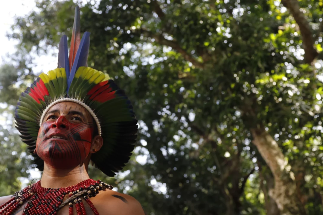 Homem indígena brasileiro posa em representação ao dia dos povos indígenas
